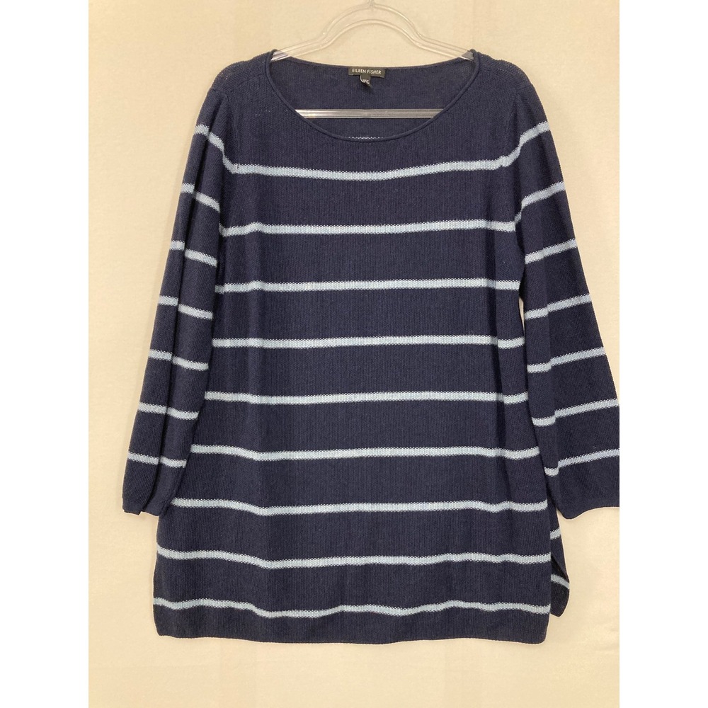 Eileen‎ Fisher Tunic Sweater Large Navy Striped Merino Alpaca Blend Relaxed